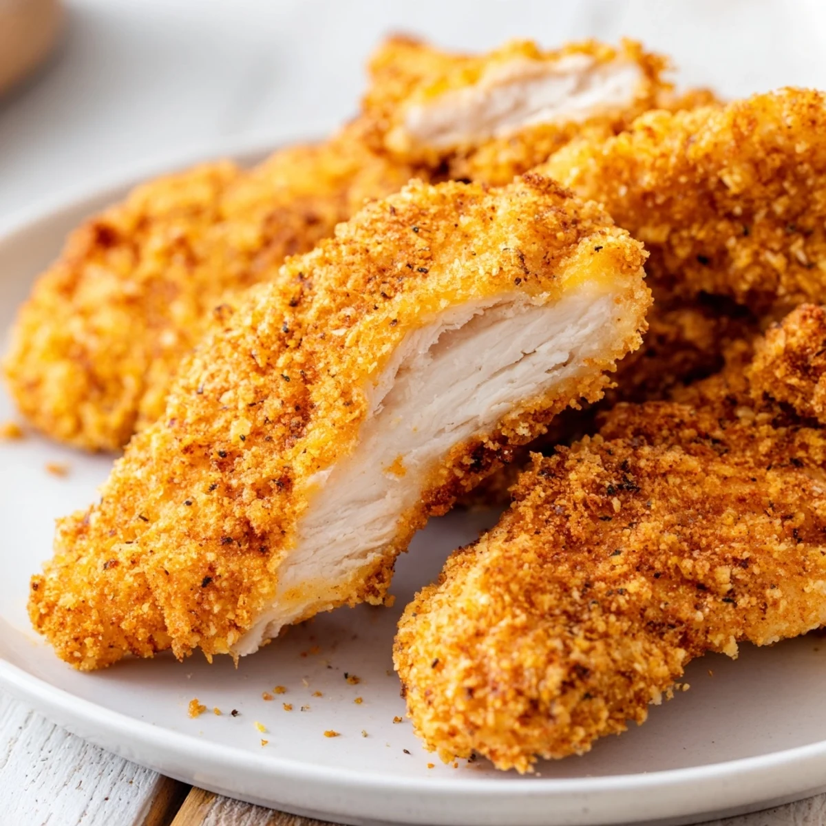 Golden-brown crispy air-fried chicken tenders piled high, ready to be dipped and enjoyed.