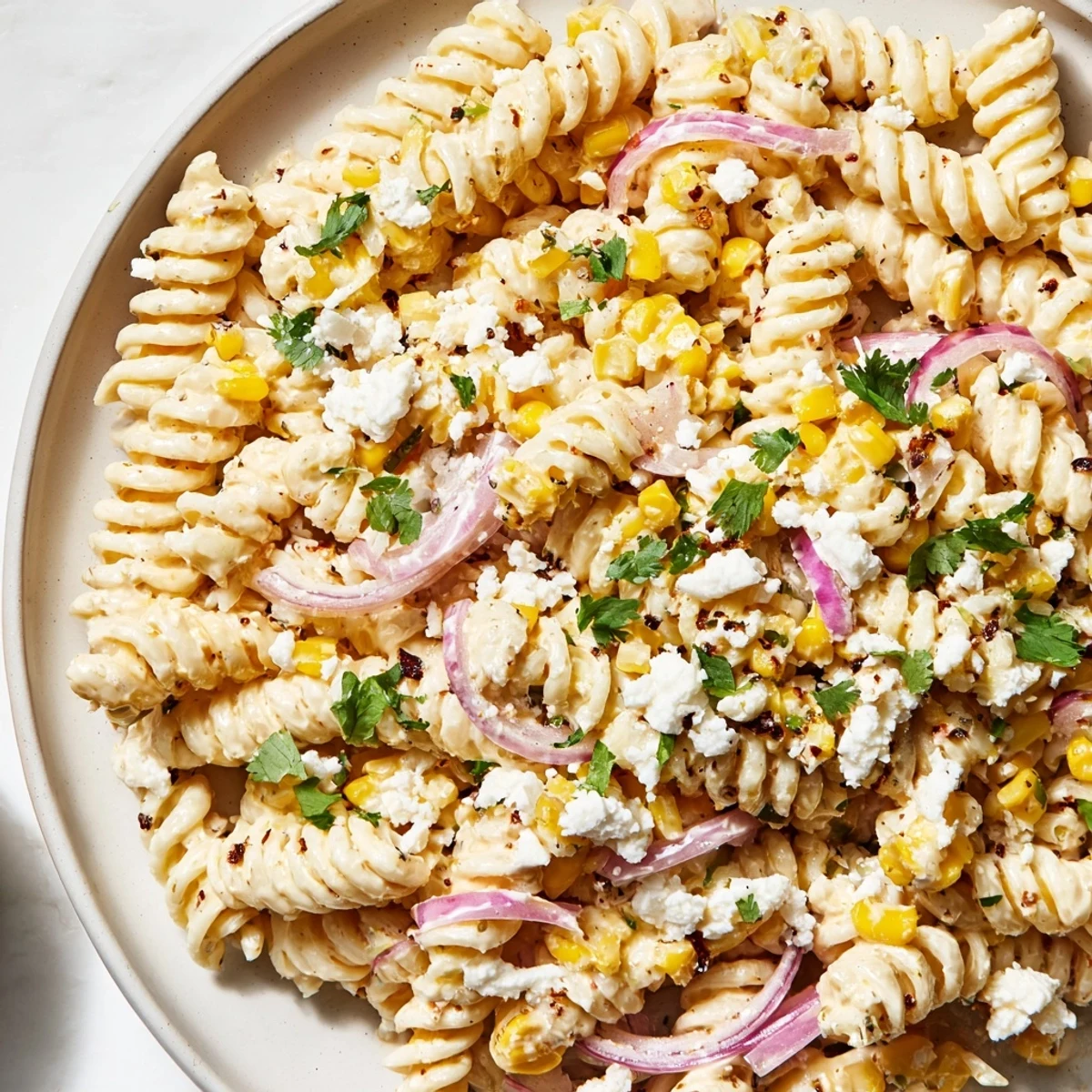 Creamy Street Corn Pasta Salad with charred corn kernels and a vibrant, flavorful dressing for a side.