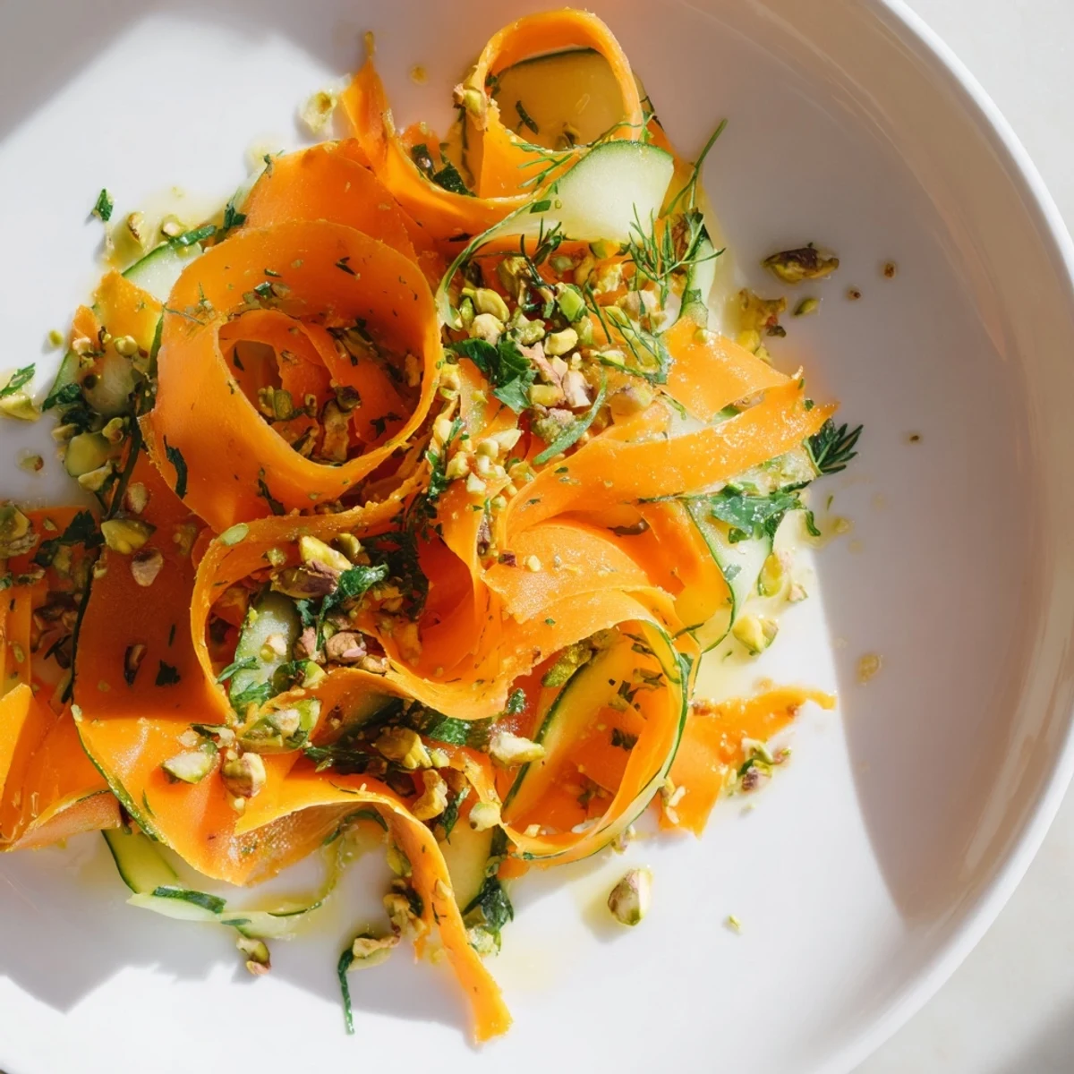 This eye-catching Citrus Carrot Ribbon Salad features delicate carrot ribbons garnished with herbs.