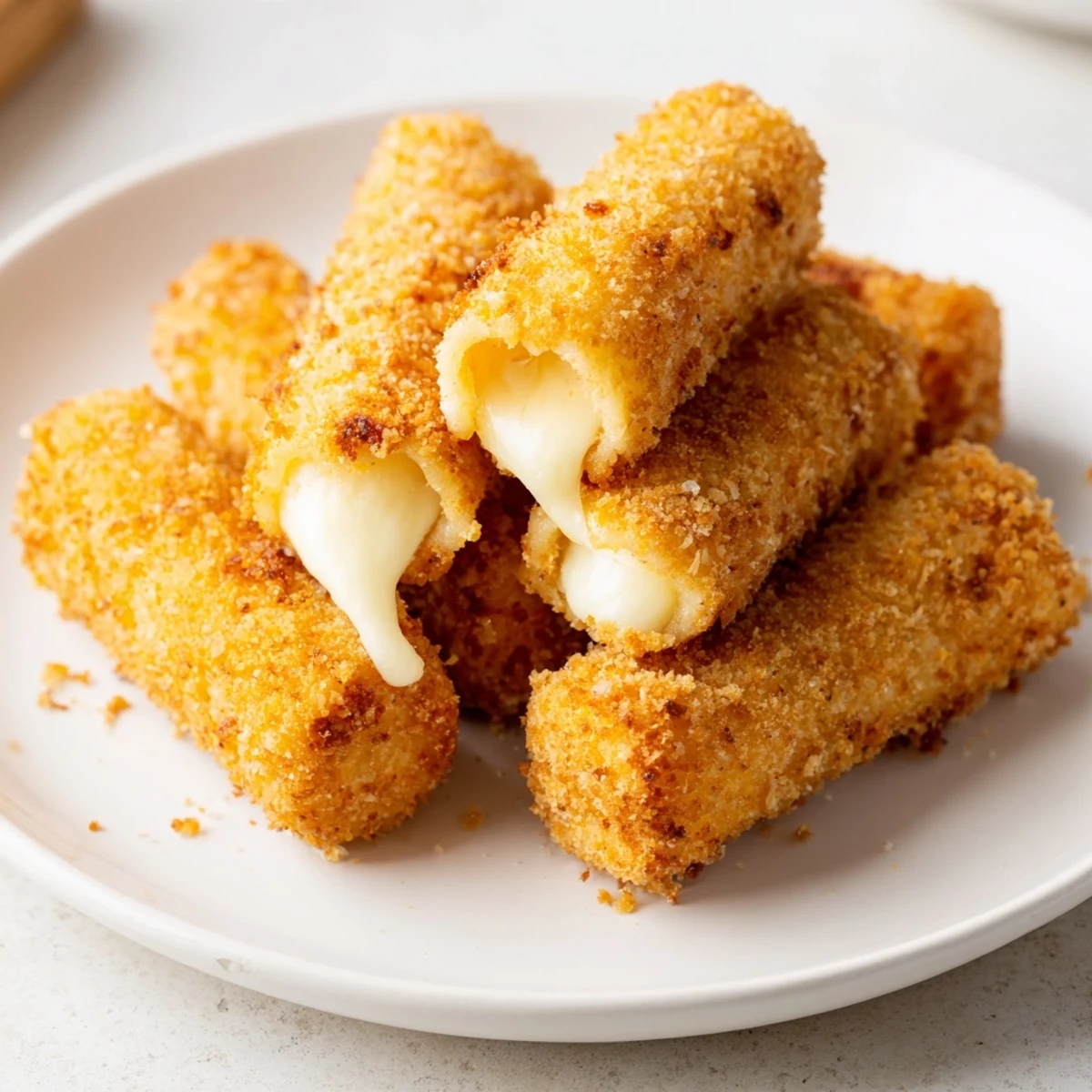 Golden brown air fryer mozzarella sticks, perfect for dipping in warm marinara sauce.