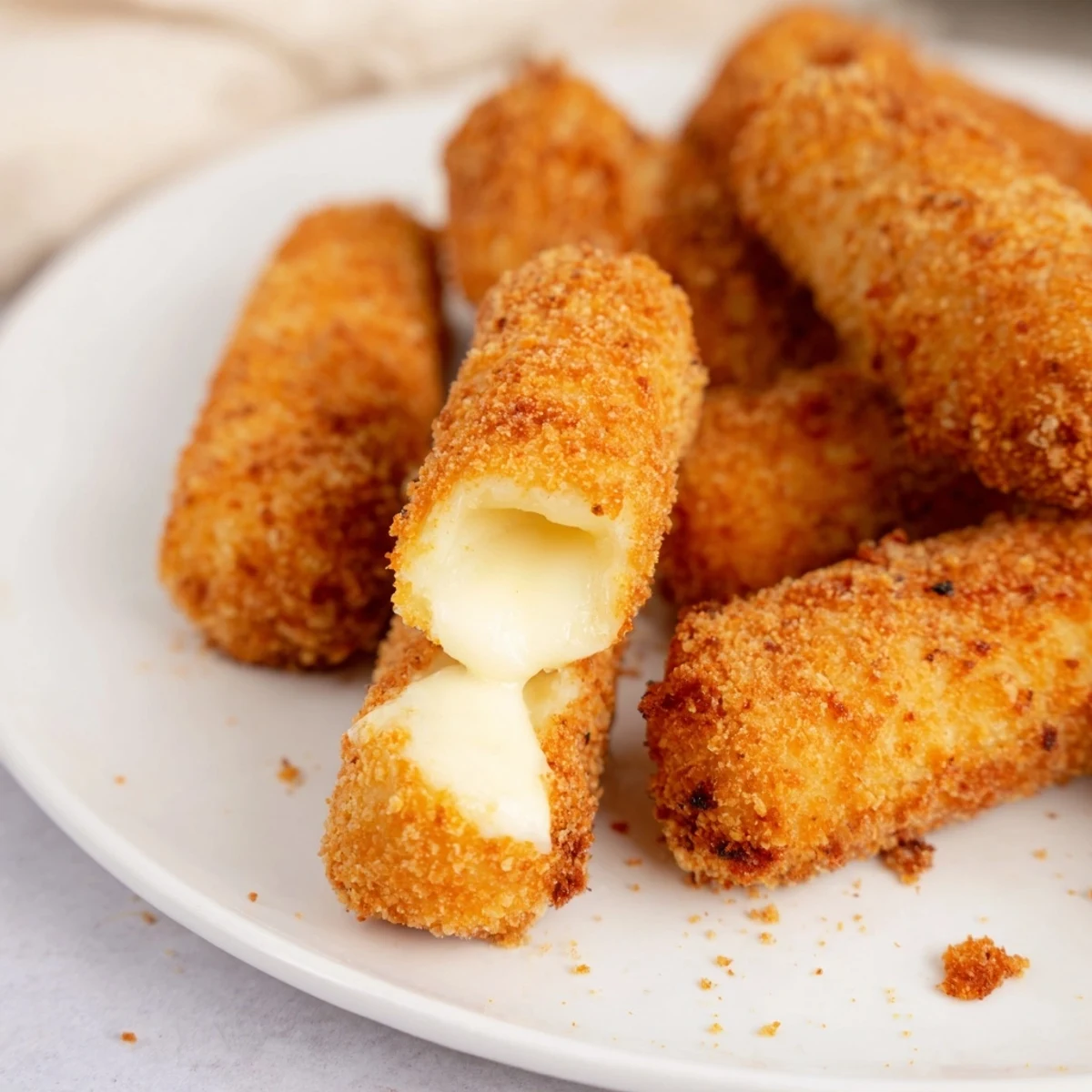 A close-up of crispy, air fryer mozzarella sticks with melted cheese oozing out, a delicious appetizer.