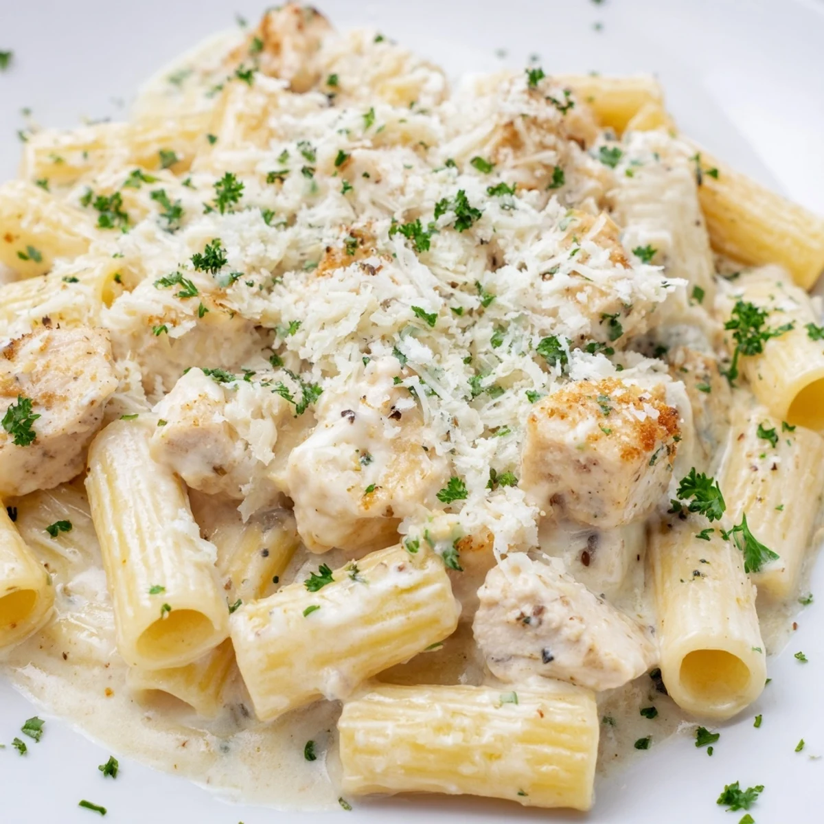 Chicken Alfredo Bake, a bubbling casserole with golden cheese and creamy sauce, ready to serve.