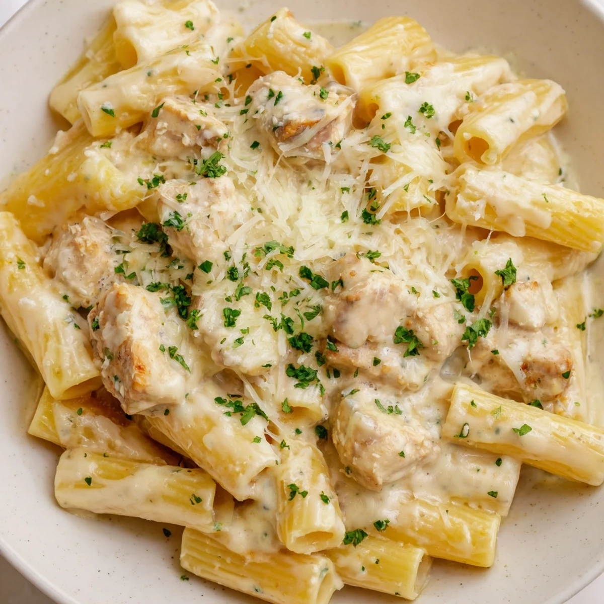 Imagine a close-up of the cheesy, golden Chicken Alfredo Bake: inviting and perfect for any family dinner.