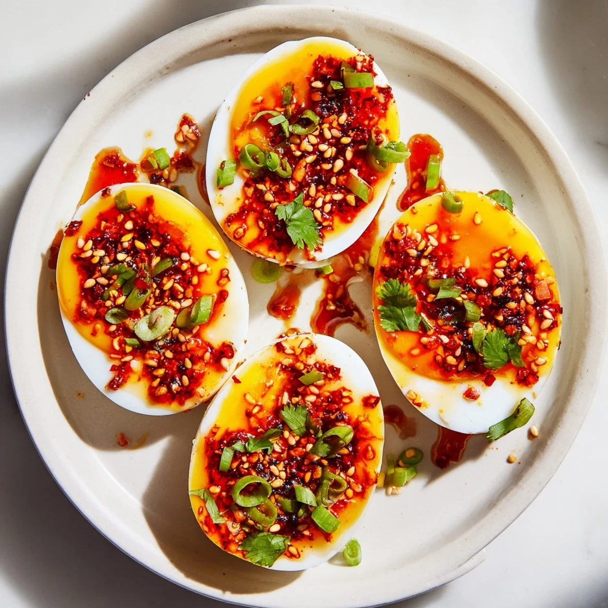 Perfectly jammy Chili Oil Eggs drizzled with vibrant chili oil, a delicious breakfast.