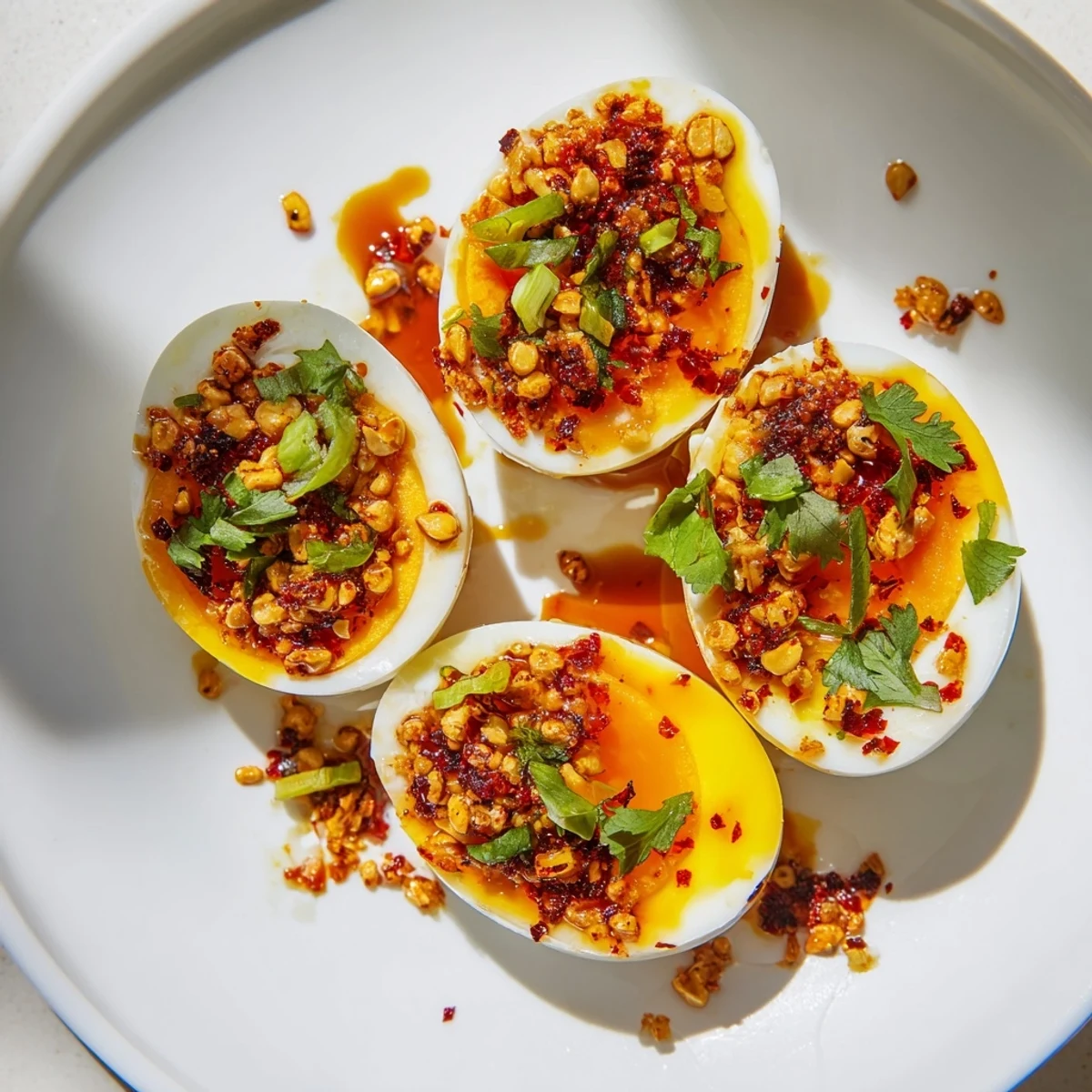 Freshly made Chili Oil Eggs with sesame seeds and green onions, ready to be enjoyed.
