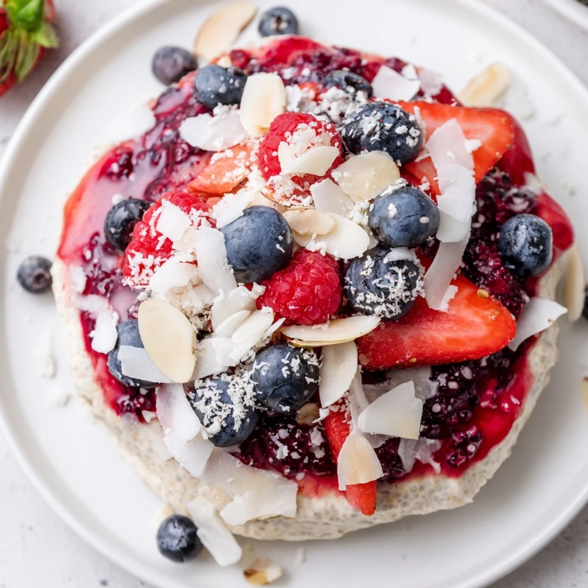 Creamy Berry Chia Pudding, brimming with fresh berries and coconut flakes, ready to enjoy cold.