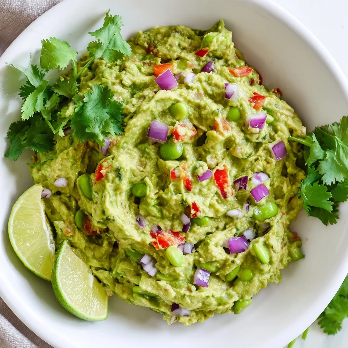 Vibrant edamame guacamole: close-up shot of creamy green dip with tomatoes and red onion.