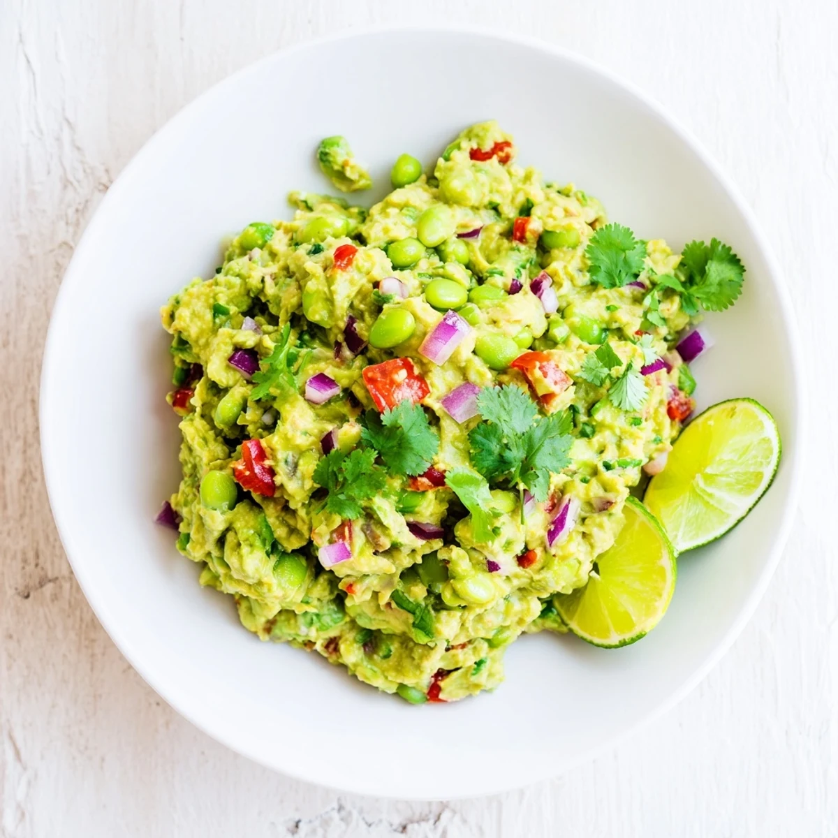 Freshly made edamame guacamole, a healthy snack, ready to be scooped with tortilla chips.