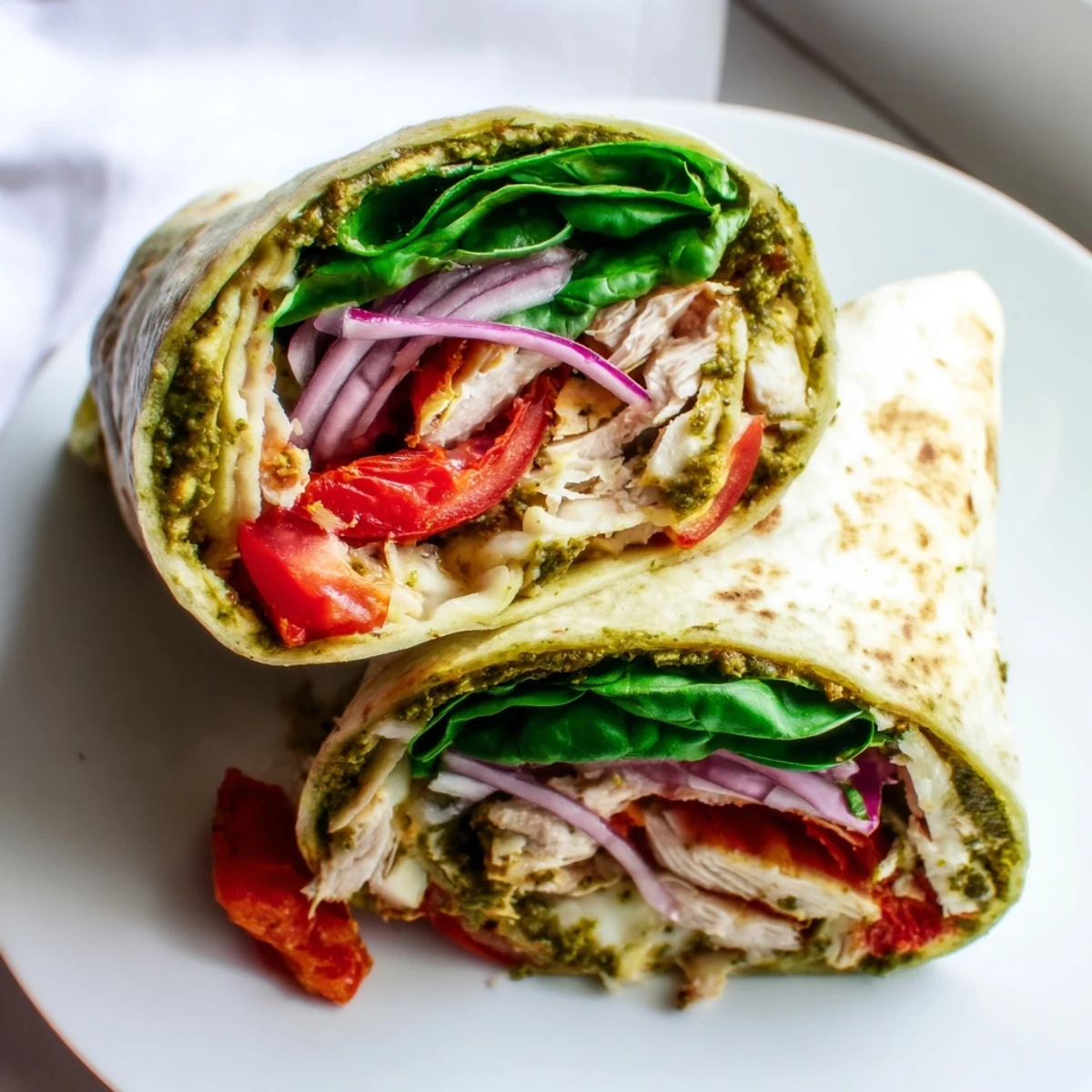 Pesto Chicken Wrap, filled with savory chicken and creamy cheese, ready for a satisfying bite.