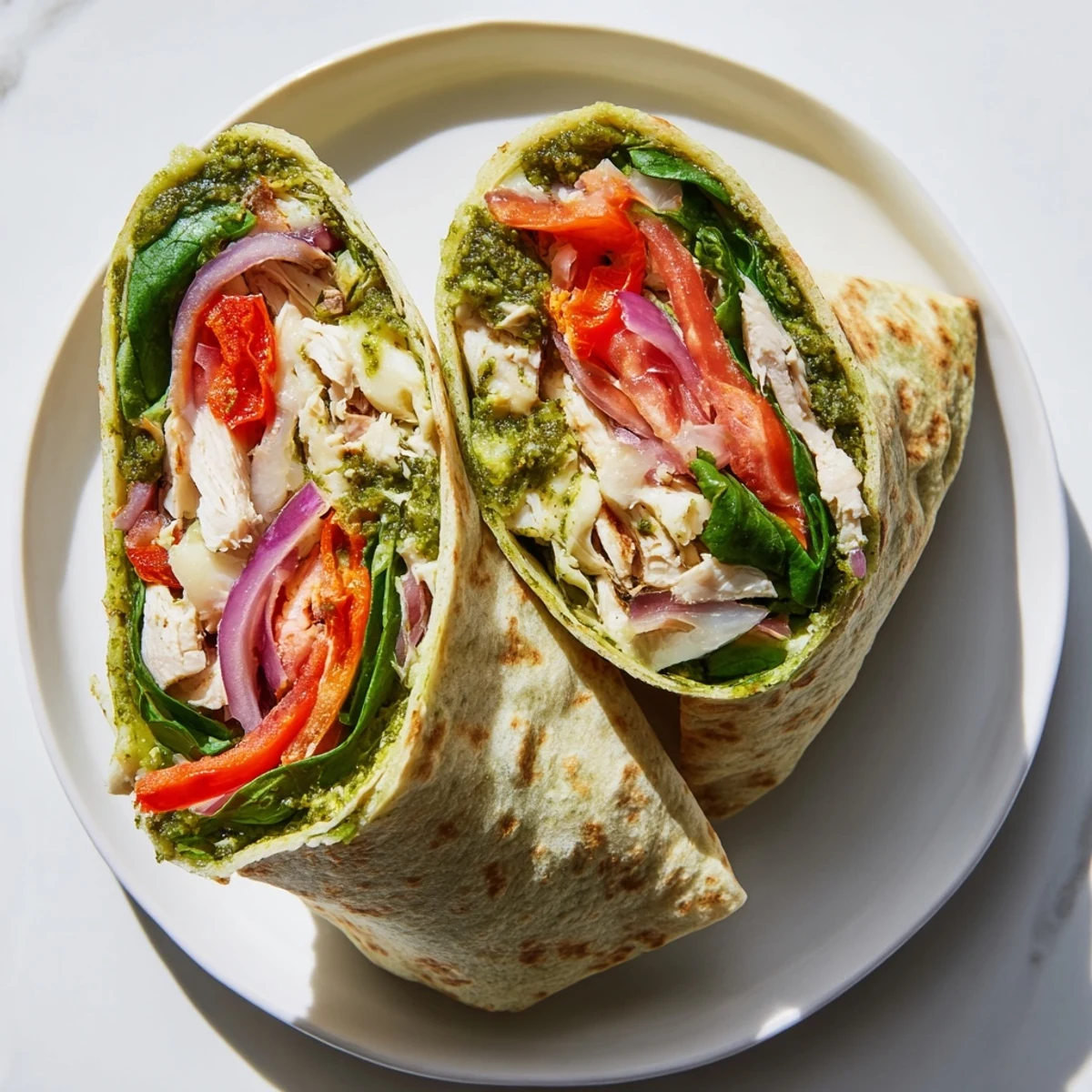 Beautifully sliced Pesto Chicken Wrap, showcasing the juicy chicken and flavorful pesto in each bite.