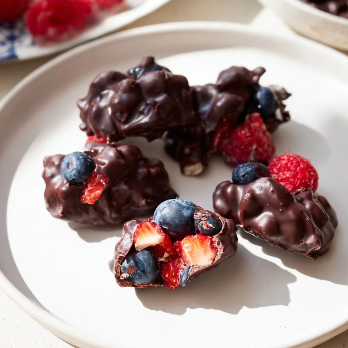 Frozen chocolate yogurt clusters, studded with fresh berries, ready to enjoy as a refreshing snack.