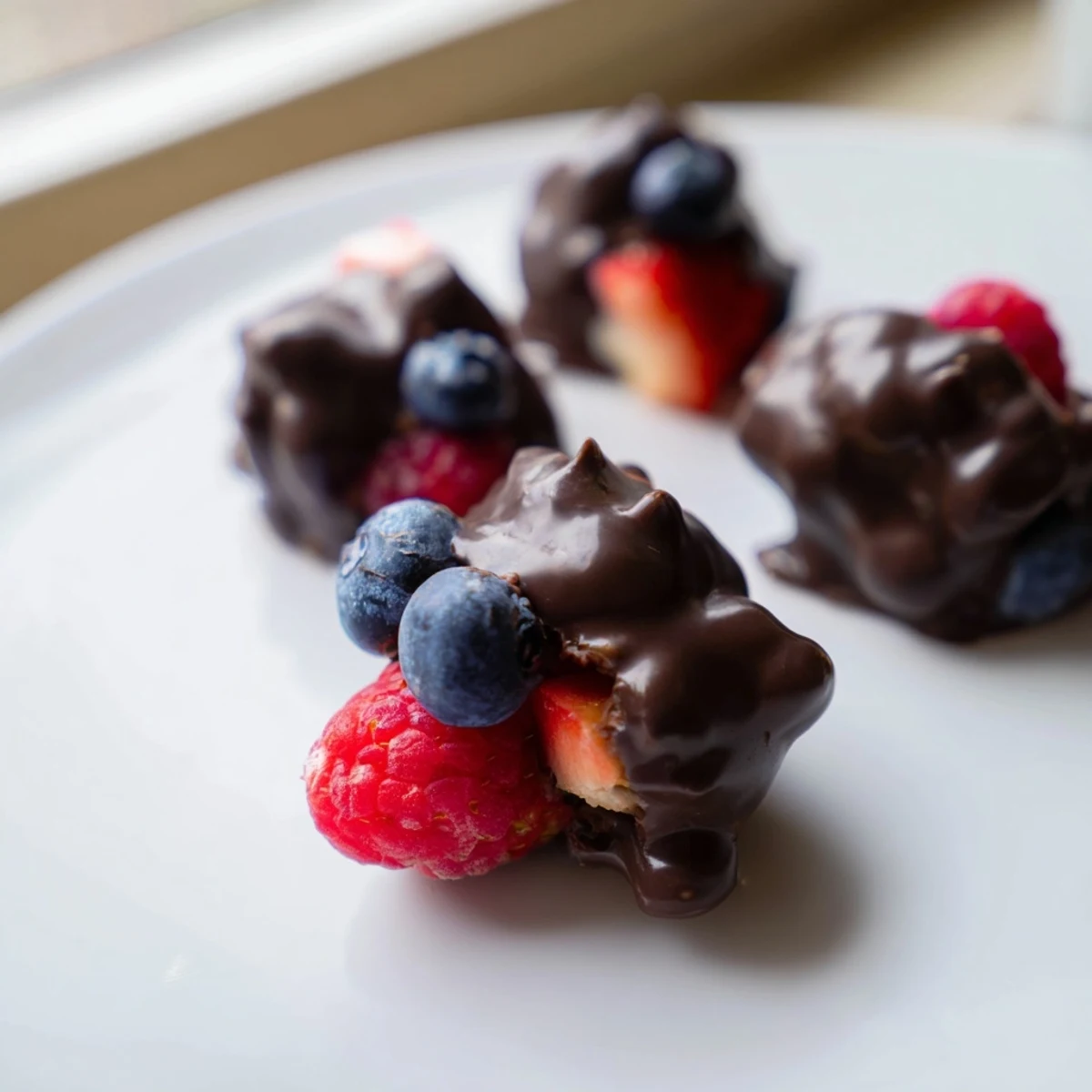 A close-up of delicious chocolate yogurt clusters, offering a satisfying crunch from the freezer, perfect treat.