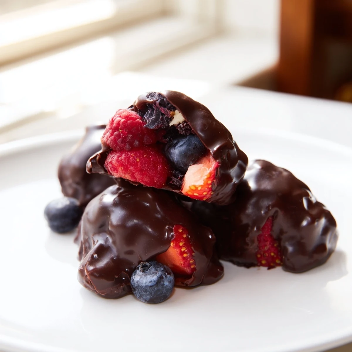 Dipped chocolate yogurt clusters with vibrant berries, a delightful, easy snack perfect for summer days.