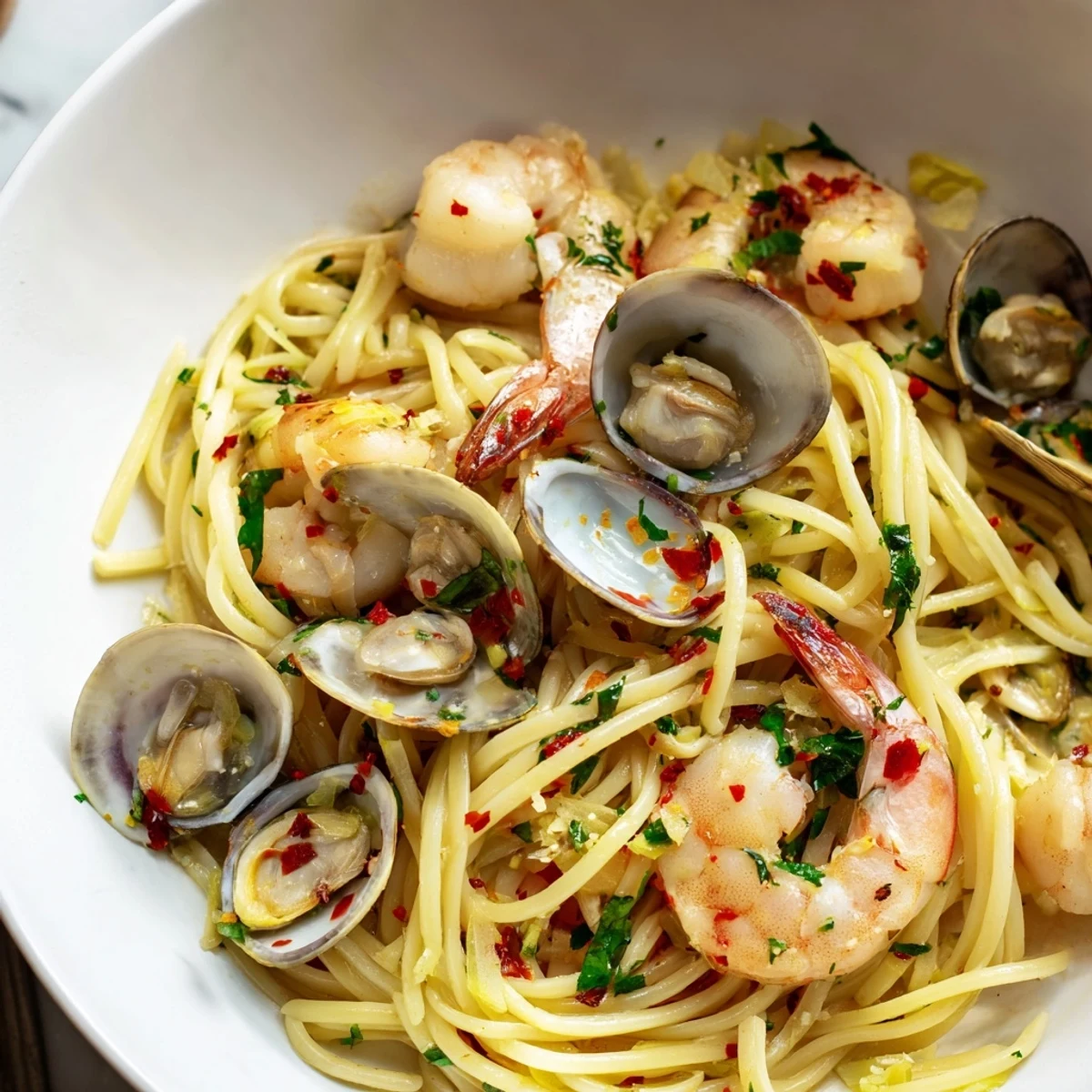 Golden garlic-infused olive oil coats the seafood pasta aglio e olio, showcasing plump shrimp and clams.
