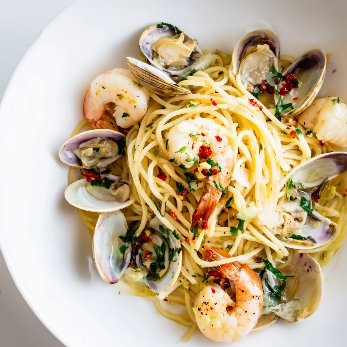 Delectable seafood pasta aglio e olio: A plate of spaghetti with fresh clams, shrimp, and parsley.