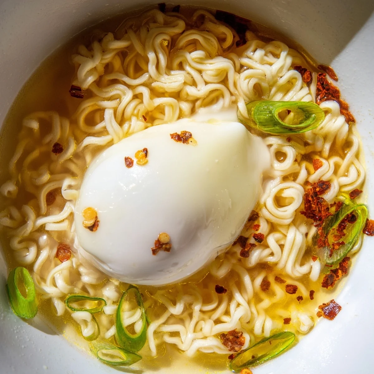 A steaming bowl of upgraded instant ramen with a perfectly cooked soft-boiled egg.