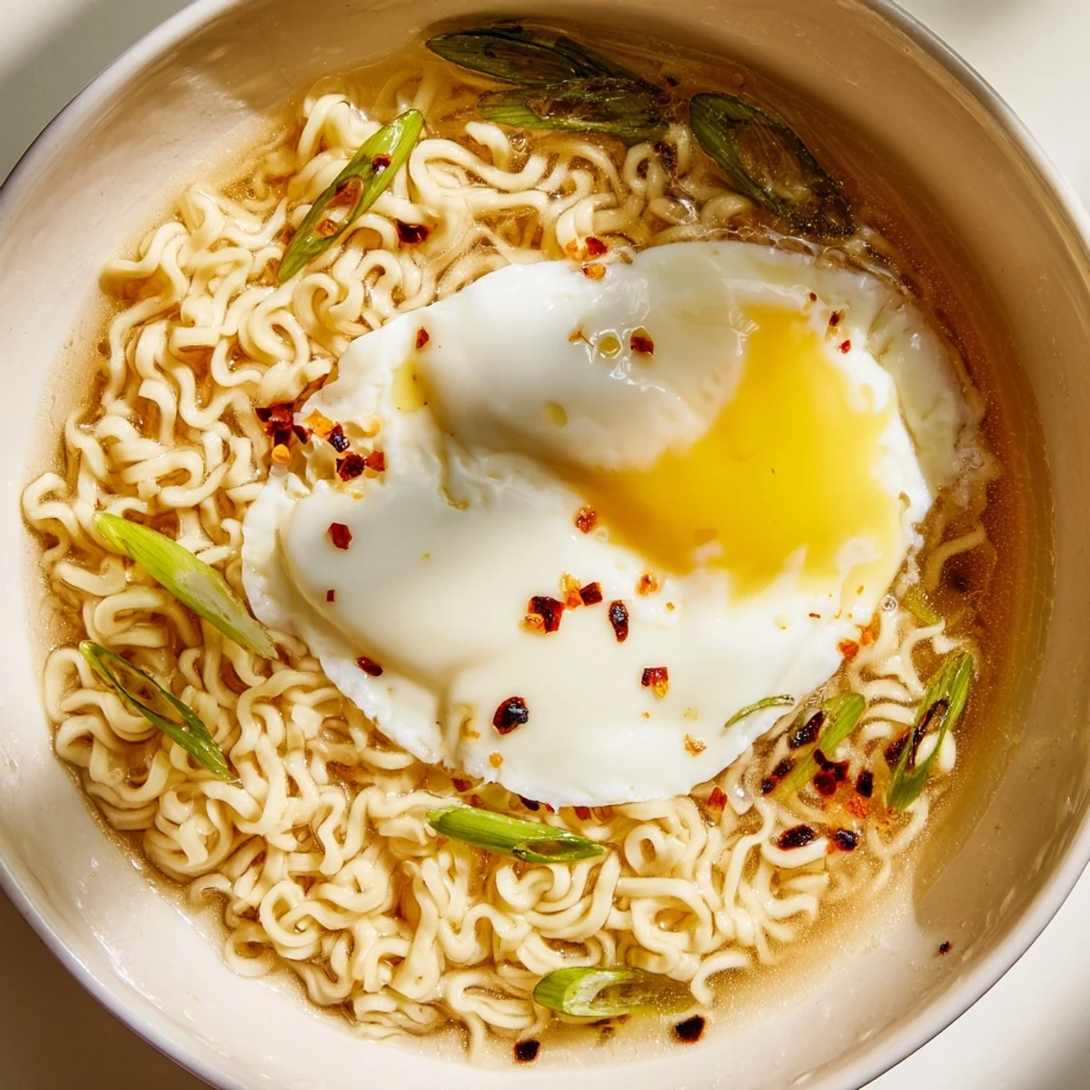 Rich and buttery upgraded instant ramen topped with vibrant green scallions, ideal for a quick lunch.