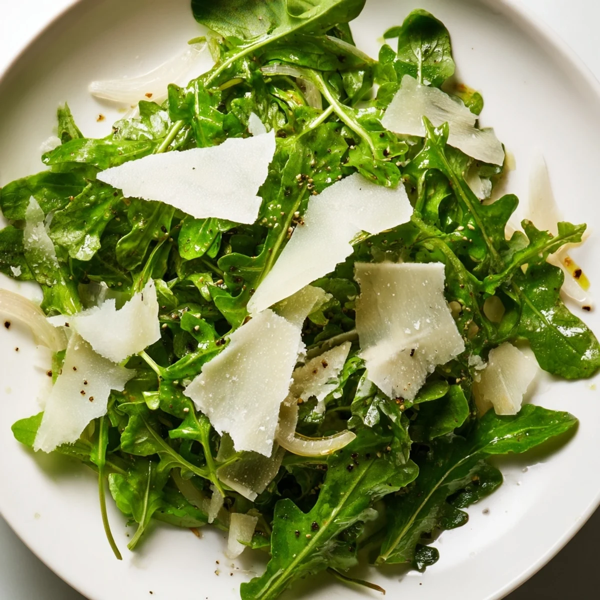Fresh arugula salad with a bright lemon dressing, showcasing Parmesan and vibrant green leaves.