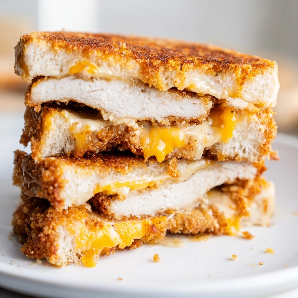 Golden, melted cheese oozes from a Crispy Panko Pork Chop Grilled Cheese with toasted bread.