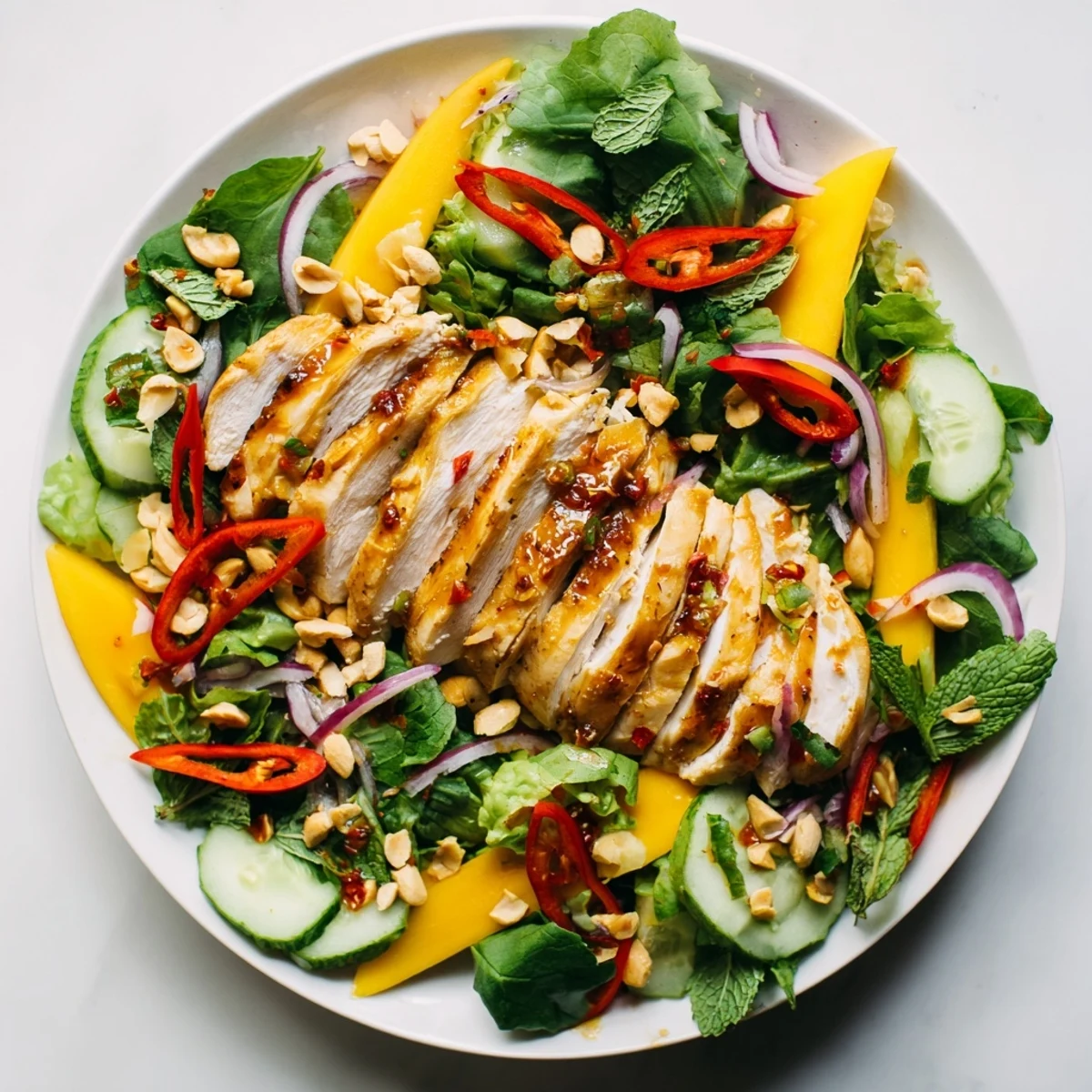Tender grilled chicken and sweet mango slices star in this delicious Thai Mango Chicken Salad.
