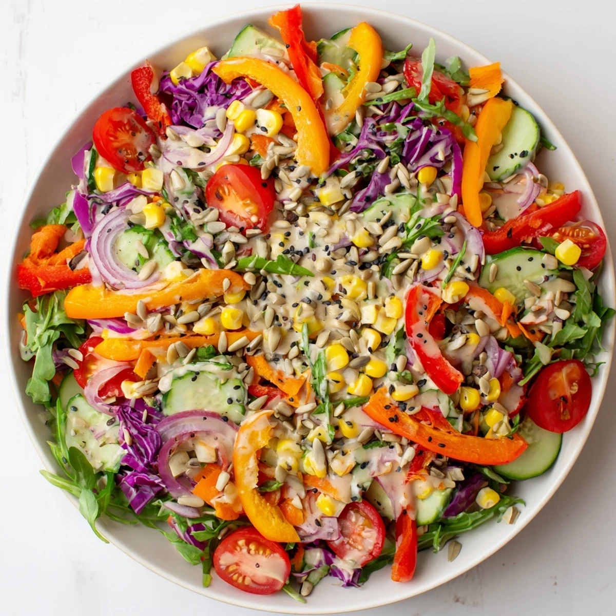 Vibrant Rainbow Salad, a refreshing mix of vegetables coated in creamy tahini dressing, ready to eat.
