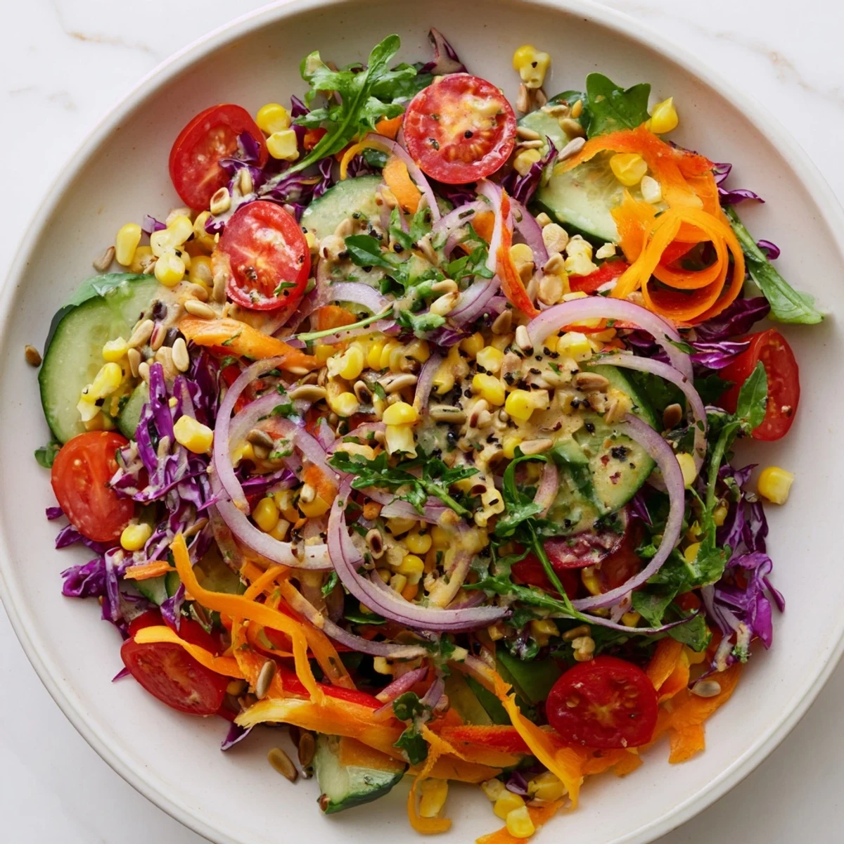 Beautiful Rainbow Salad: colorful, crunchy vegetables tossed with a tangy tahini dressing for a healthy meal.