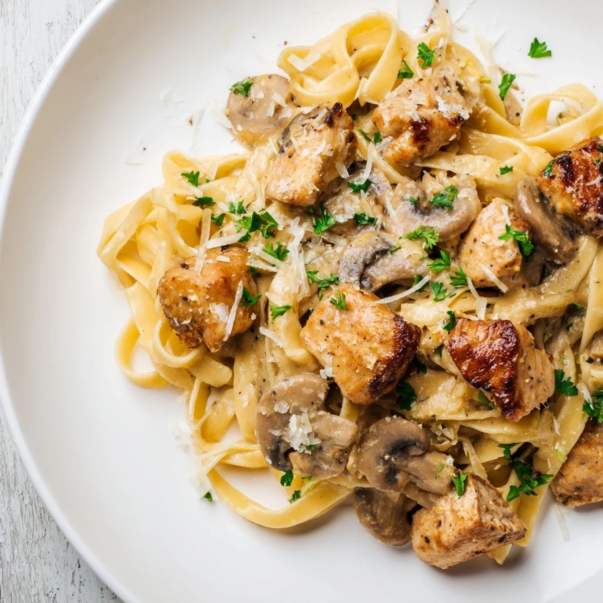 Creamy Mushroom Chicken Pasta: A close-up of the dish shows the sauce clinging to fettuccine, delicious!