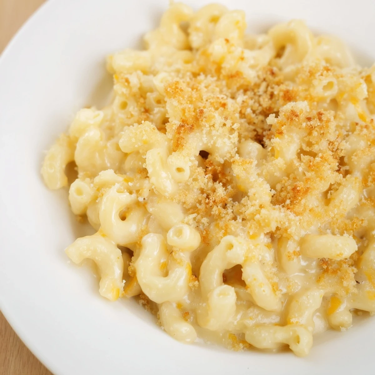 Golden, bubbly baked mac and cheese, featuring a crisp breadcrumb topping and creamy cheese.