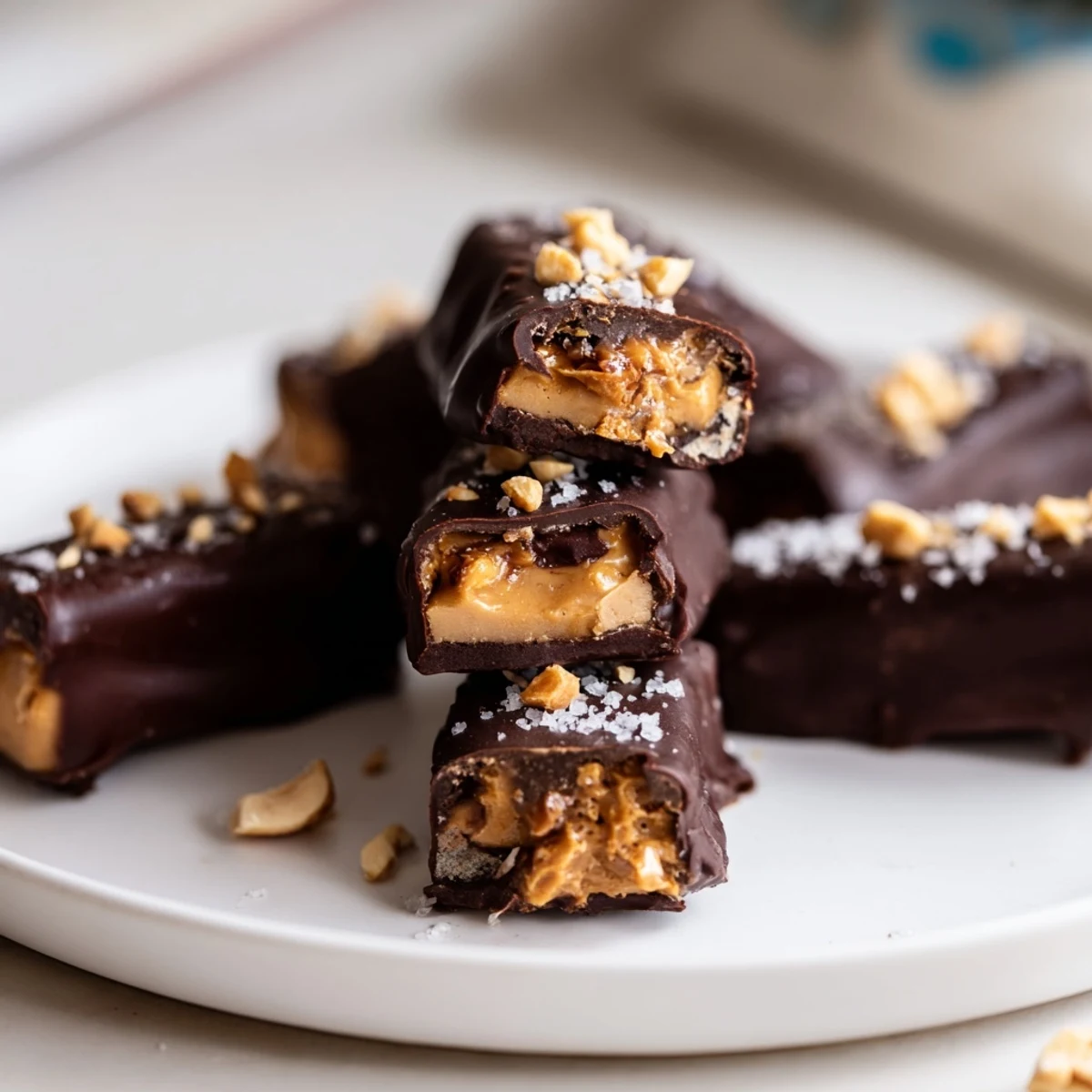 Frozen Date Bark Snickers-Style displayed, a no-bake dessert with peanuts and sea salt sprinkles on top.