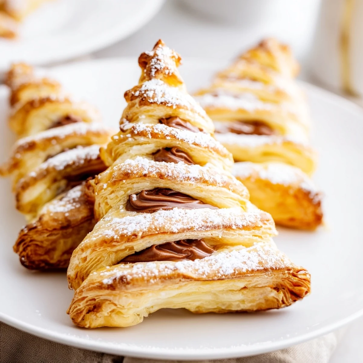 A plate of flaky, golden Nutella Pastry Christmas Trees, dusted with powdered sugar, ready to serve.