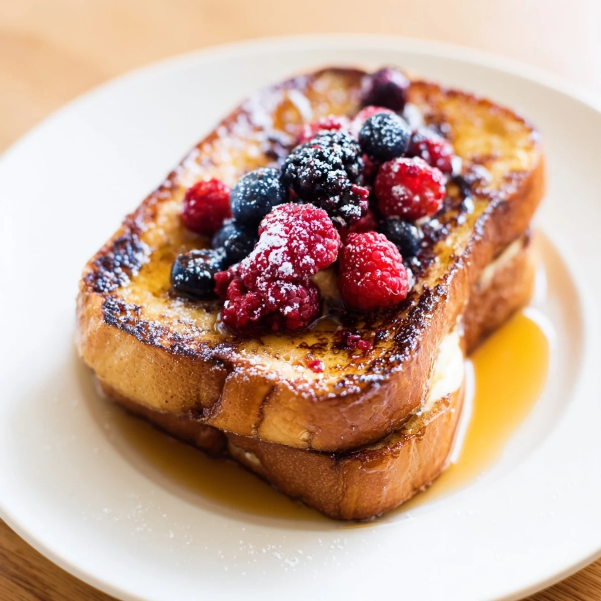 Golden-brown Ice Cream French Toast, ready to serve with fresh berries and maple syrup.