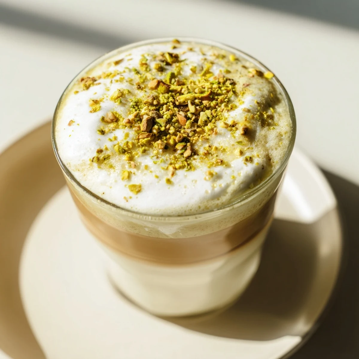 Enjoy a rich, creamy pistachio latte, showcasing the layers of flavorful, blended perfection.
