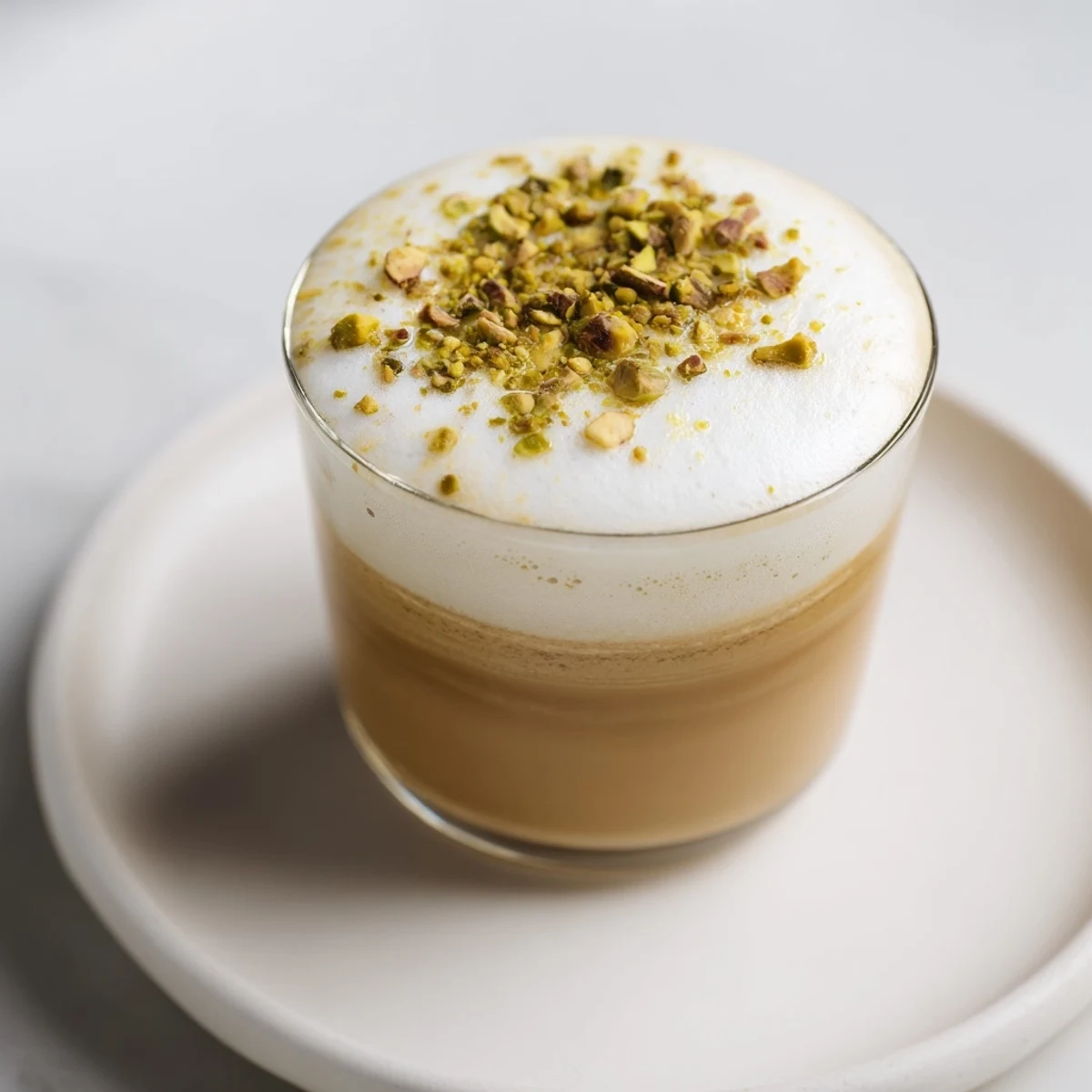 Steaming pistachio latte, crowned with a cloud of cold foam and sprinkling of pistachios, so inviting.