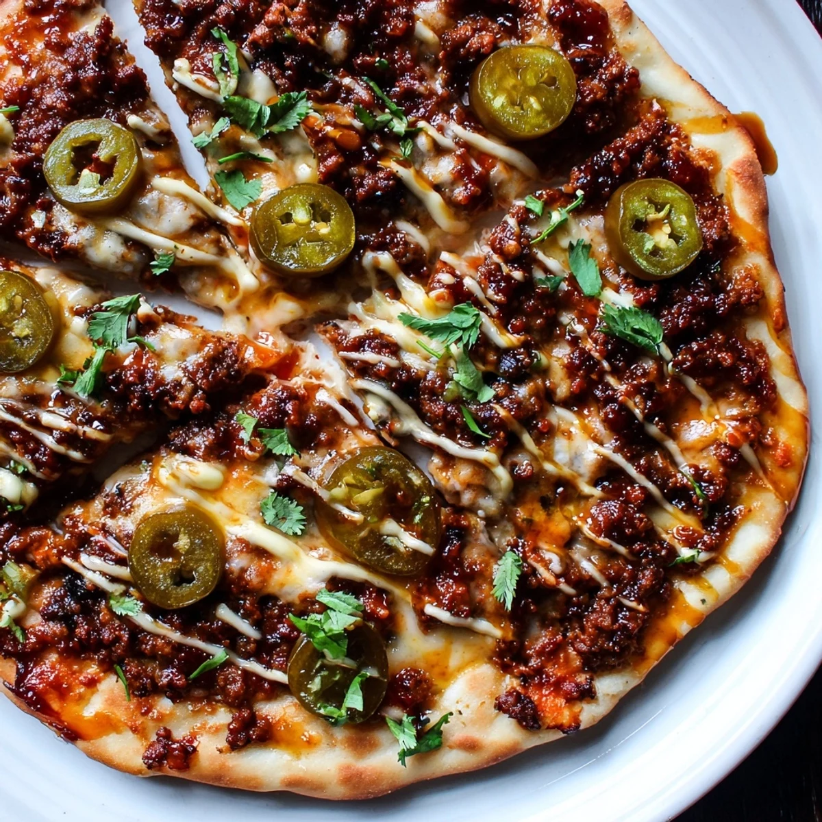 Close-up of a sizzling Spicy Ground Beef Pizza Base, ready to slice with melty cheese and jalapeños.