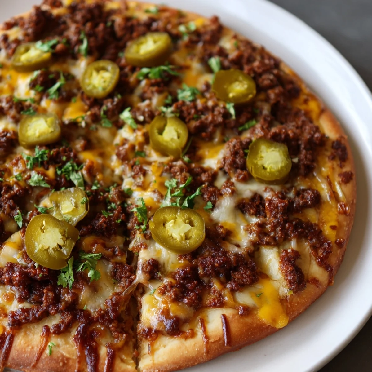 Perfectly baked Spicy Ground Beef Pizza Base with gooey mozzarella and a drizzle of spicy honey.