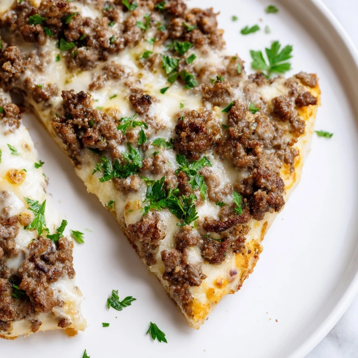 Ground Beef Alfredo Pizza, a cheesy delight with browned meat and creamy Alfredo sauce.