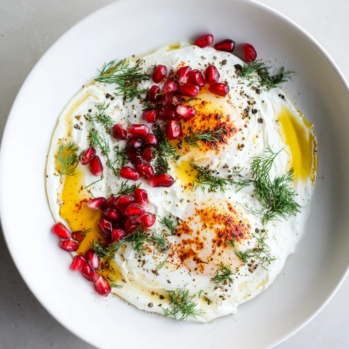 Vibrant Çılbır with runny yolks and ruby pomegranate seeds, a flavorful Turkish breakfast.