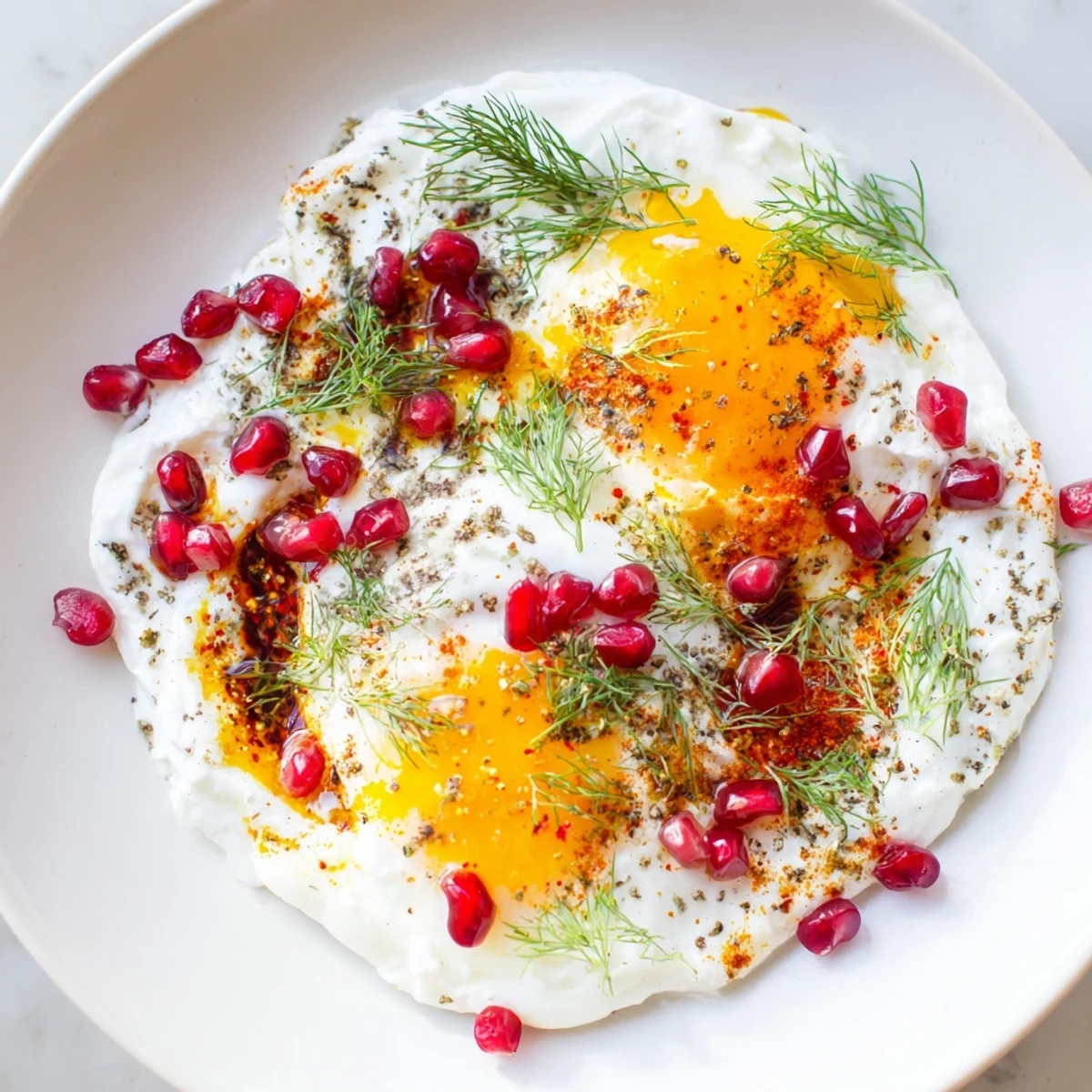 Creamy yogurt base topped with poached eggs, sumac butter, and beautiful Çılbır dish.