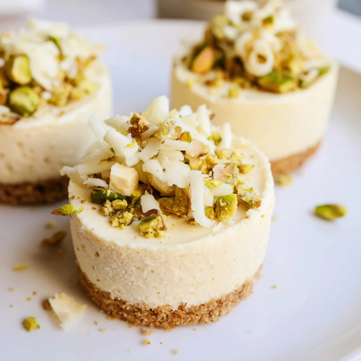 The creamy, no-bake Pistachio Cheesecake Bites are beautifully garnished with chopped pistachios, ready to enjoy.