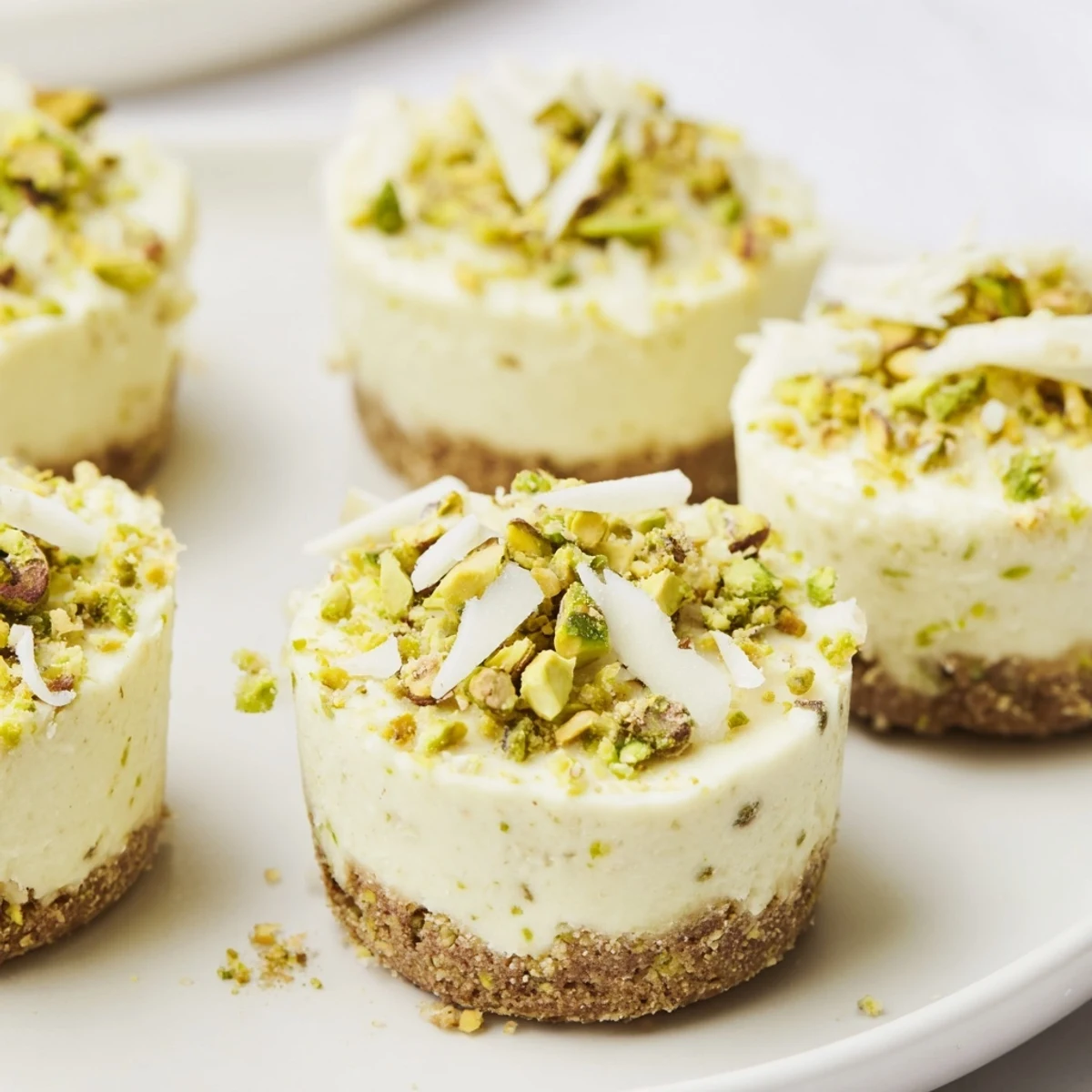 Enjoy the light texture of these Pistachio Cheesecake Bites, showcasing their pistachio crust and creamy filling.