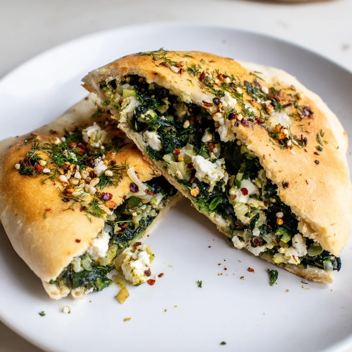 Golden, flaky Turkish Spinach & Feta Flatbread, filled with a warm, herbed spinach and feta filling.