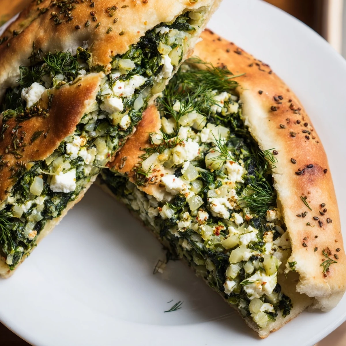 Freshly baked Turkish Spinach & Feta Flatbread, perfect for a vegetarian appetizer, ready to serve warm.