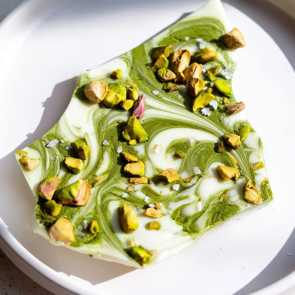 Close-up of freshly made Pistachio Matcha White Chocolate, a beautiful fusion dessert, ready to serve.