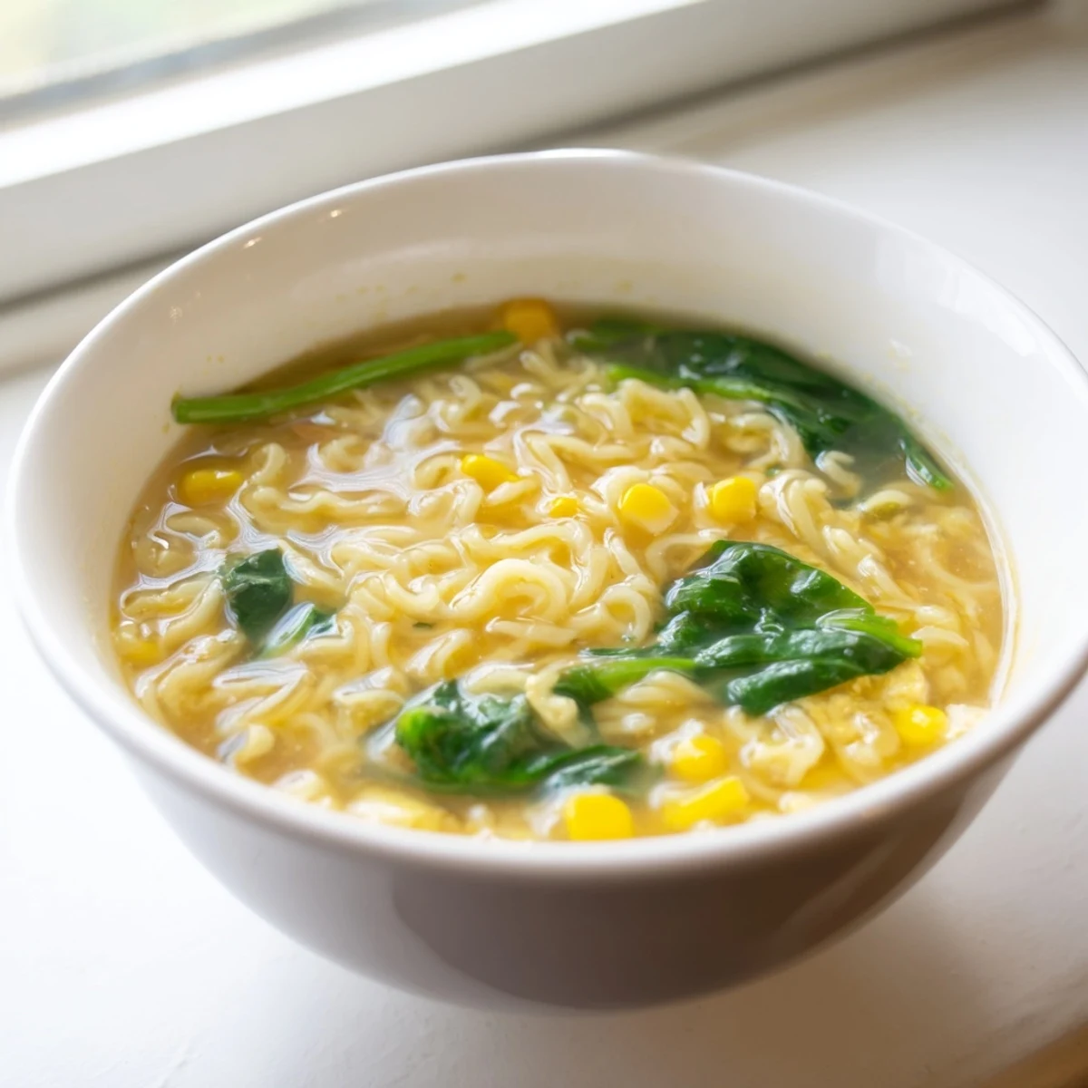 A close-up of Elevated Ramen Egg Drop Soup with soft noodles, corn, scallions, and sesame seeds shimmering in the broth.