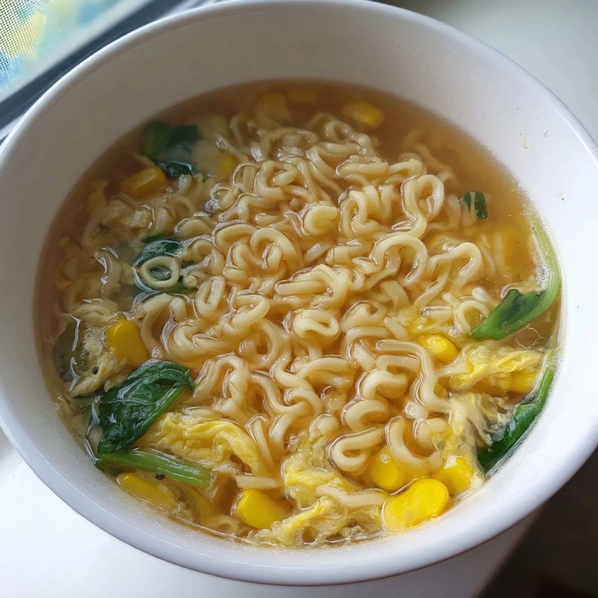 Silky egg ribbons swirl through steaming broth, noodles and spinach in a cozy bowl of Elevated Ramen Egg Drop Soup.