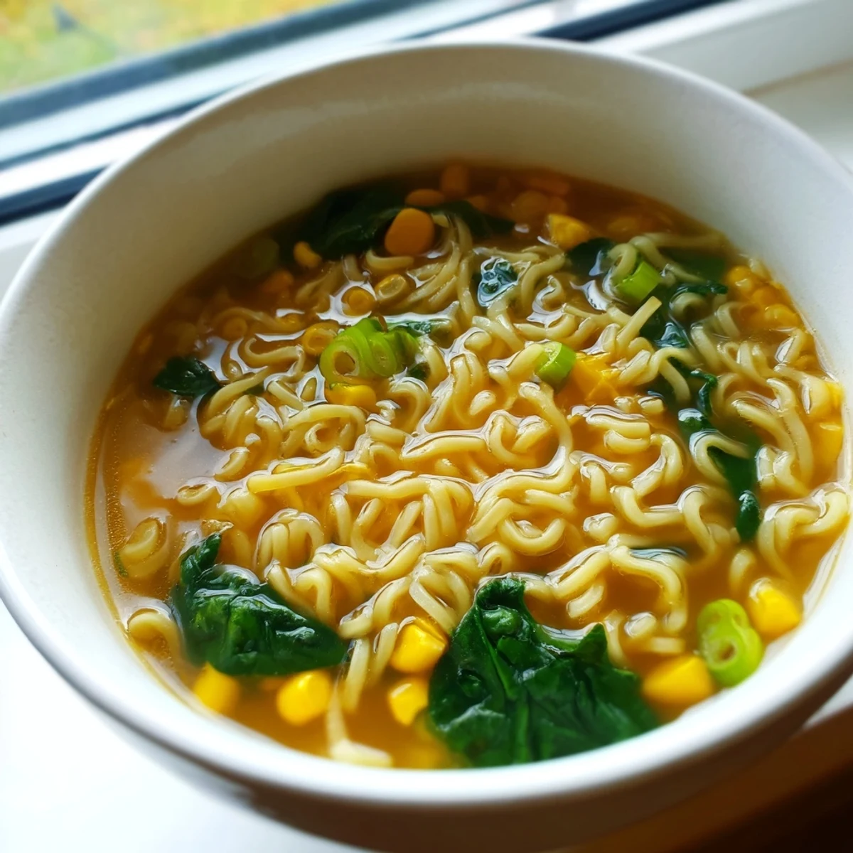 Quick comfort food: Elevated Ramen Egg Drop Soup featuring creamy texture, tender egg strands, and vibrant green scallions and spinach.