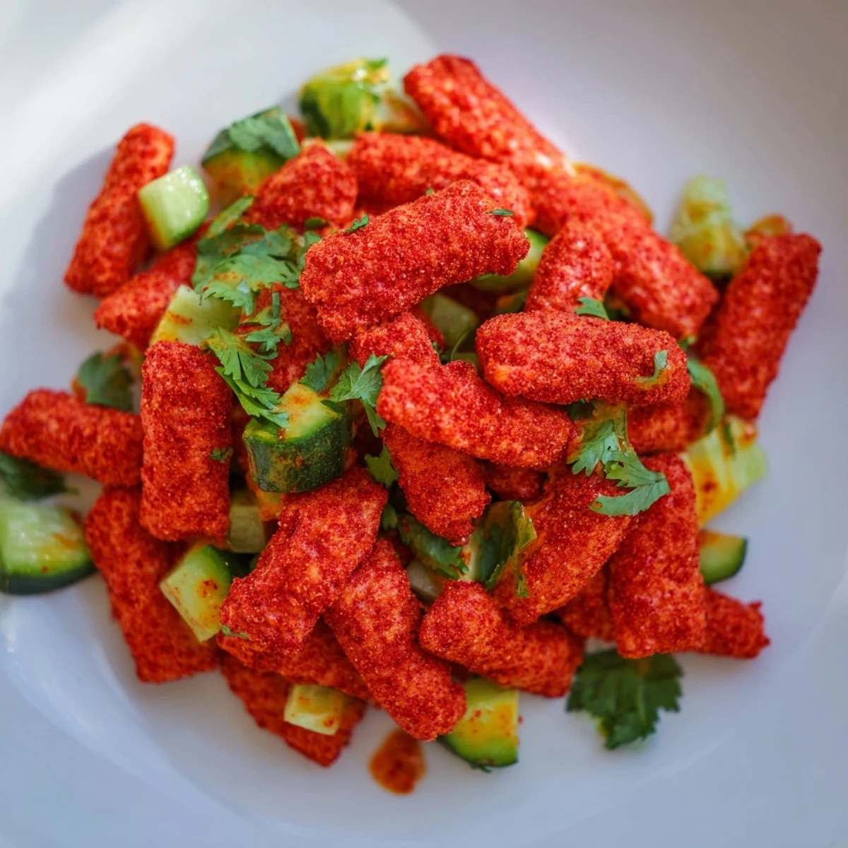 Crisp diced cucumbers and cilantro tossed with zesty lime-hot sauce, topped with crunchy Flamin Hot Cheetos in a vibrant bowl.