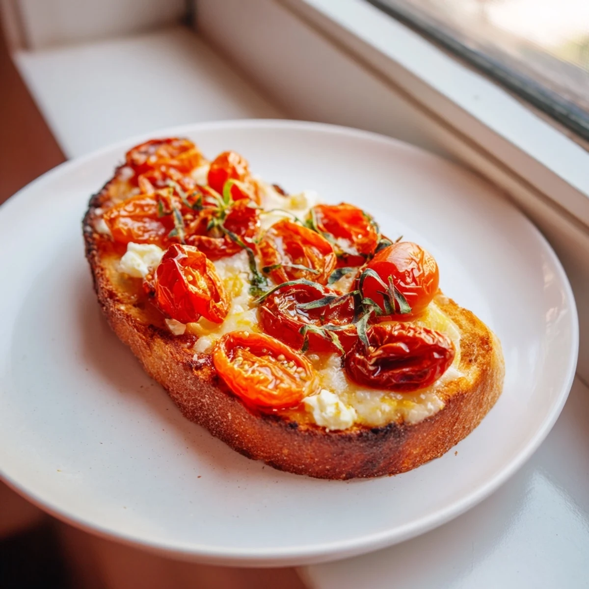 Mediterranean baked feta toast recipe with gooey cheese and sweet tomatoes on toasty bread.  