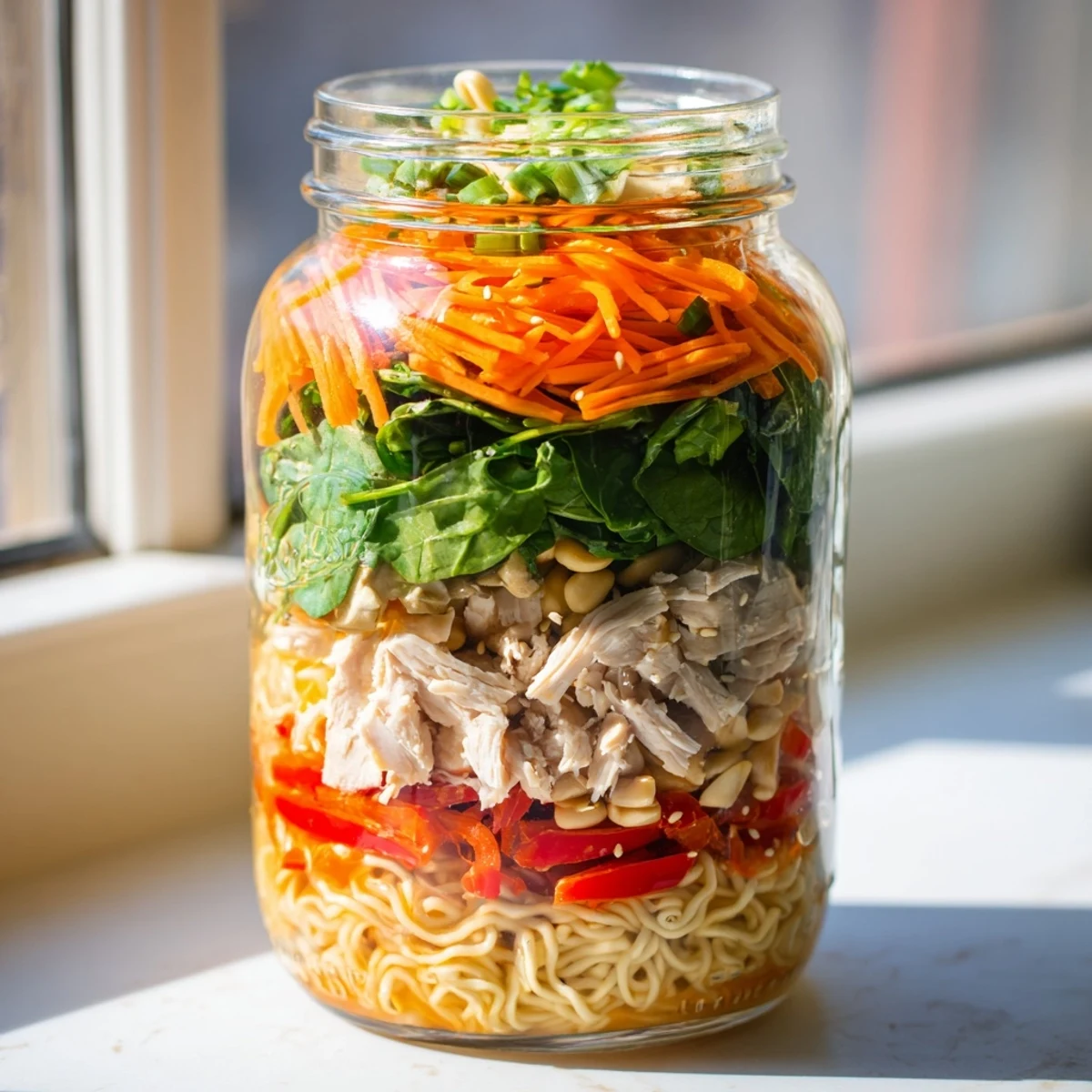 A top-down view shows diced tofu over vibrant vegetables and noodles in a portable mason jar noodle meal prep.