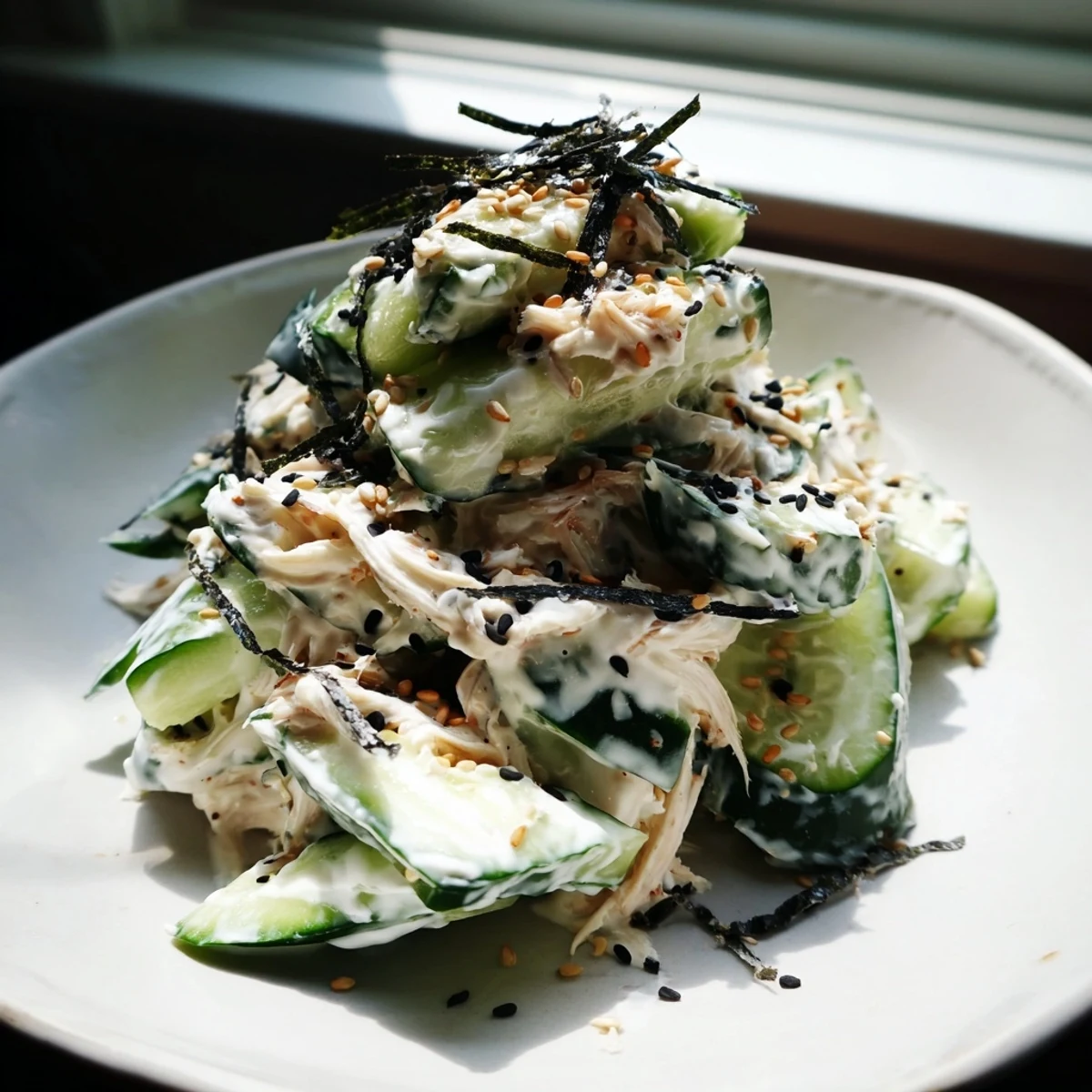 California Roll Cucumber Salad served in a bowl topped with nori strips and pickled ginger.  